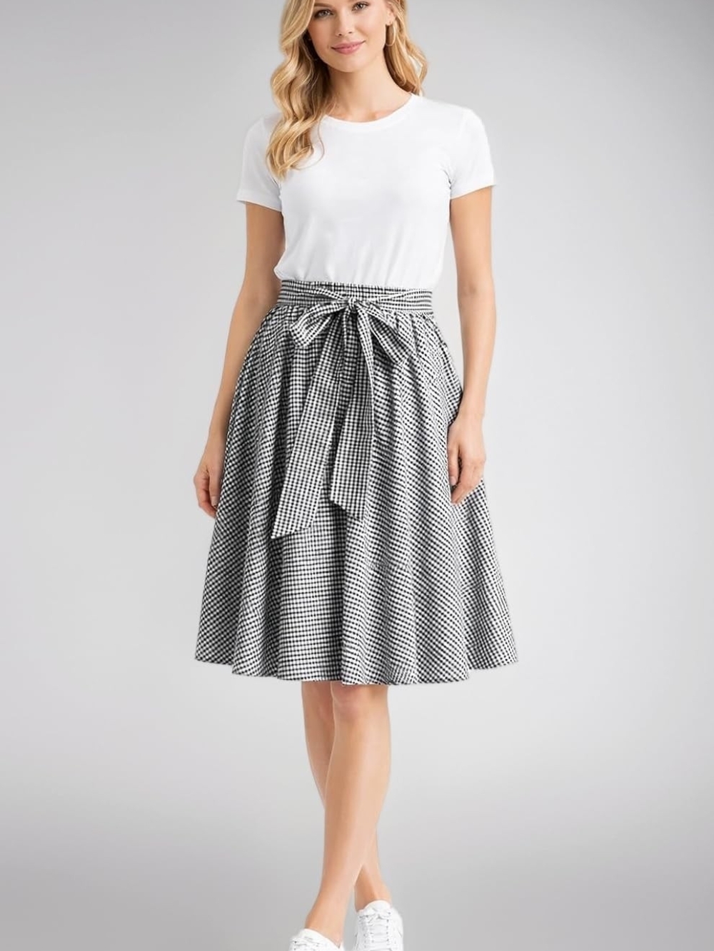 indigo soul Black & White Gingham Tie-Waist Circle Skirt